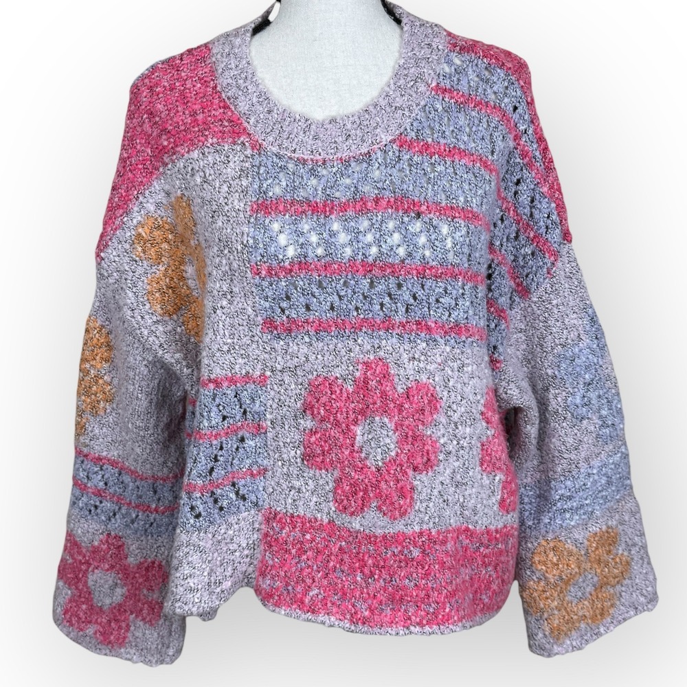 moon & madison Patchwork Floral Knit Sweater V-Neck‎ Pink Blue Orange Women's S